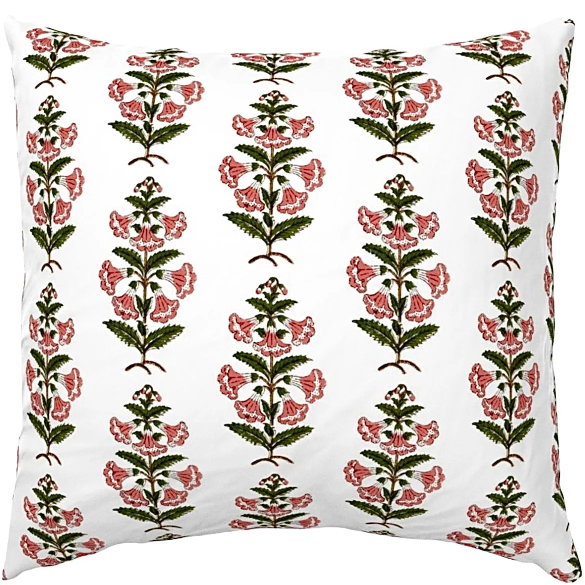 Coral Pink and Dark Green Petunia Block Printed Canvas Pillow Cover: Available in 10 Sizes