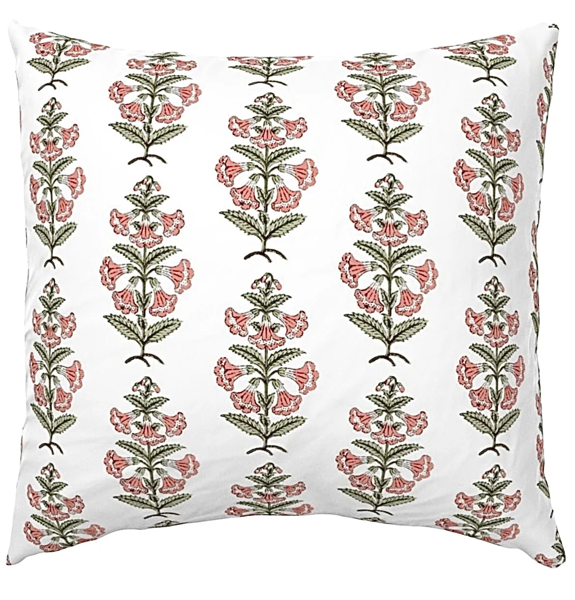 Coral Pink and Dark Green Petunia Block Printed Canvas Pillow Cover: Available in 10 Sizes