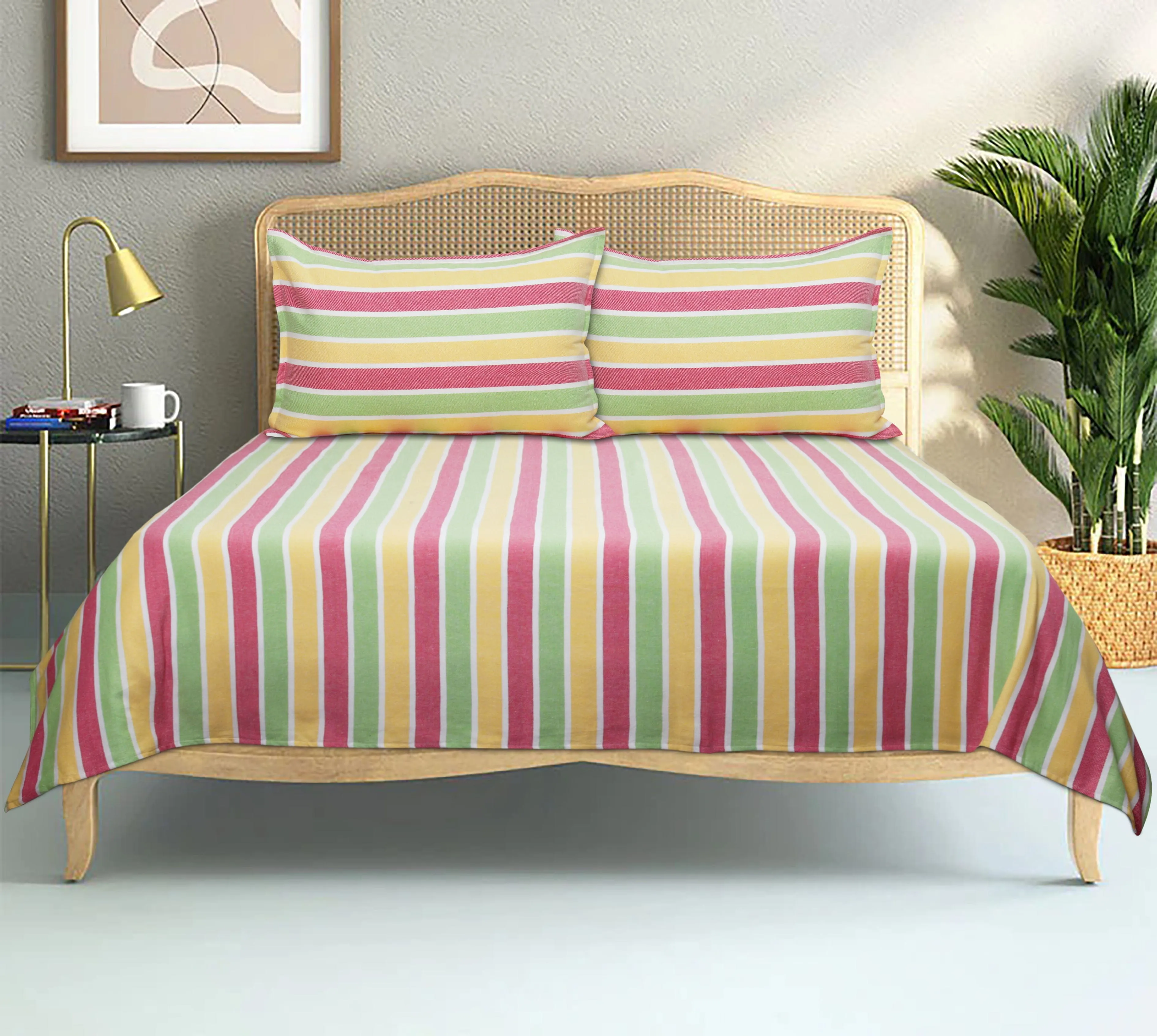 Cotton Designer Striped Bedsheet with Pillow Covers (Pink, Yellow, Green) - available sizes, Single, Double/Queen, King and Super King