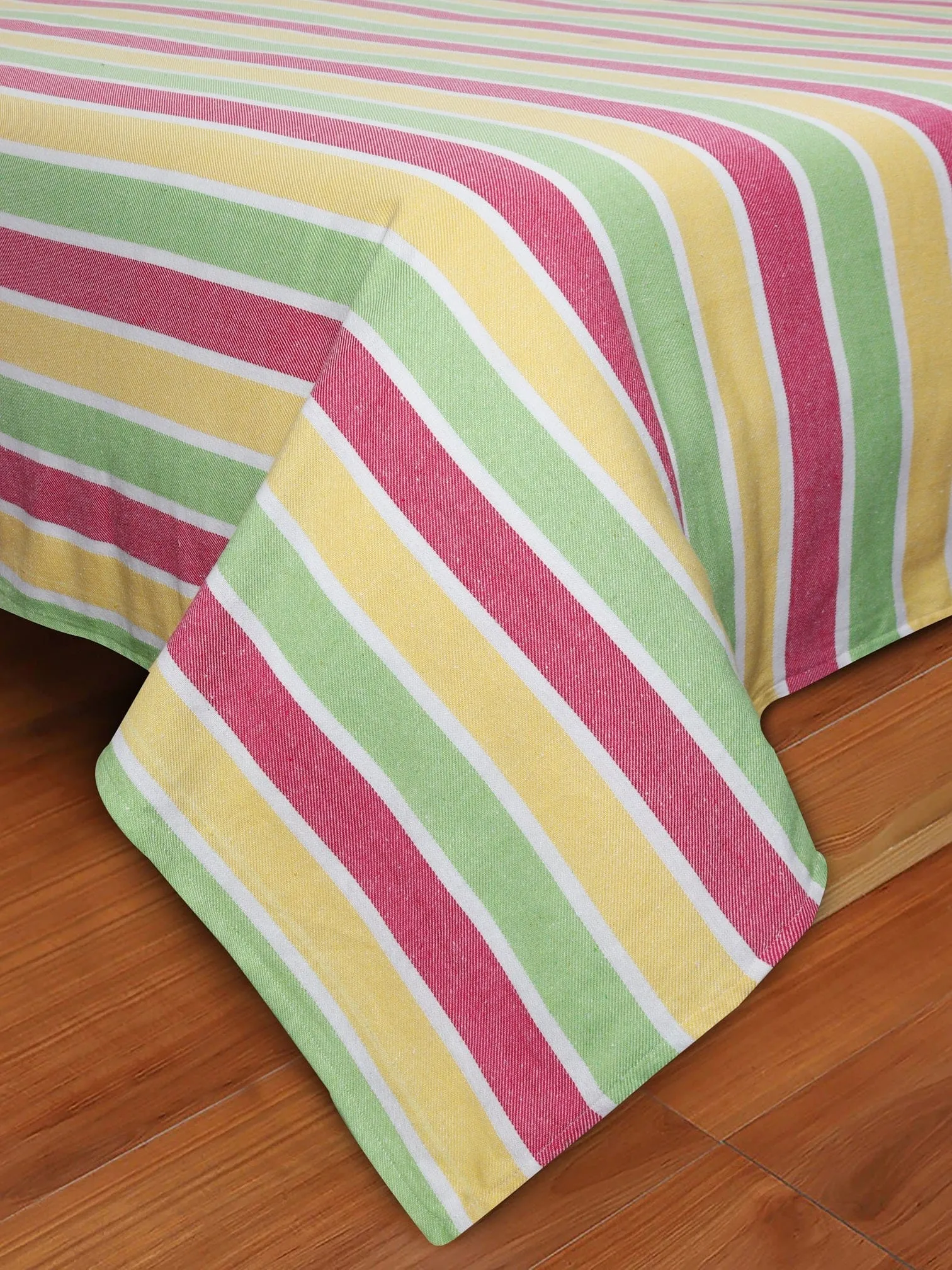 Cotton Designer Striped Bedsheet with Pillow Covers (Pink, Yellow, Green) - available sizes, Single, Double/Queen, King and Super King