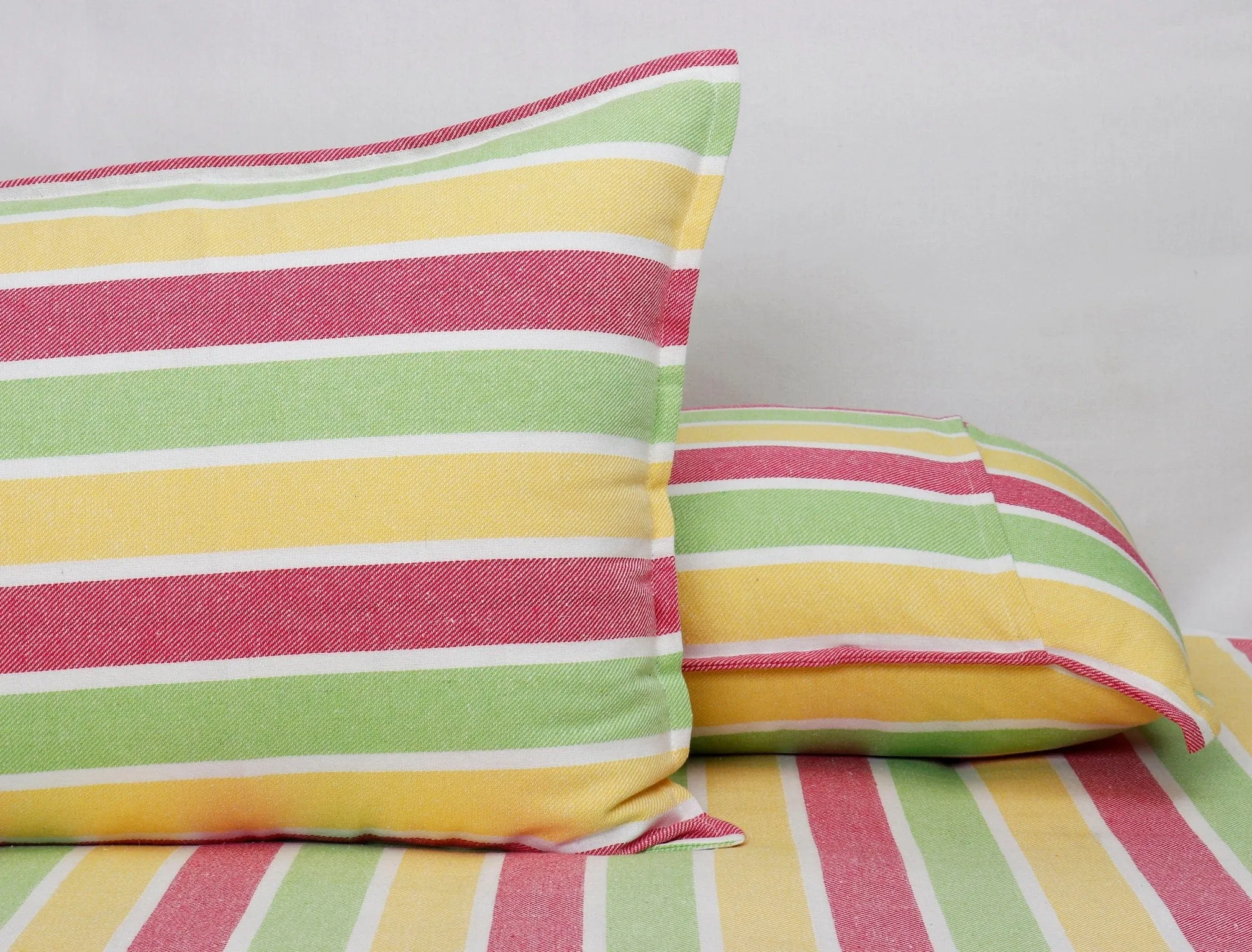 Cotton Designer Striped Bedsheet with Pillow Covers (Pink, Yellow, Green) - available sizes, Single, Double/Queen, King and Super King