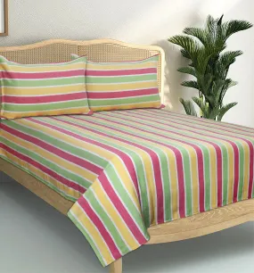 Cotton Designer Striped Bedsheet with Pillow Covers (Pink, Yellow, Green) - available sizes, Single, Double/Queen, King and Super King