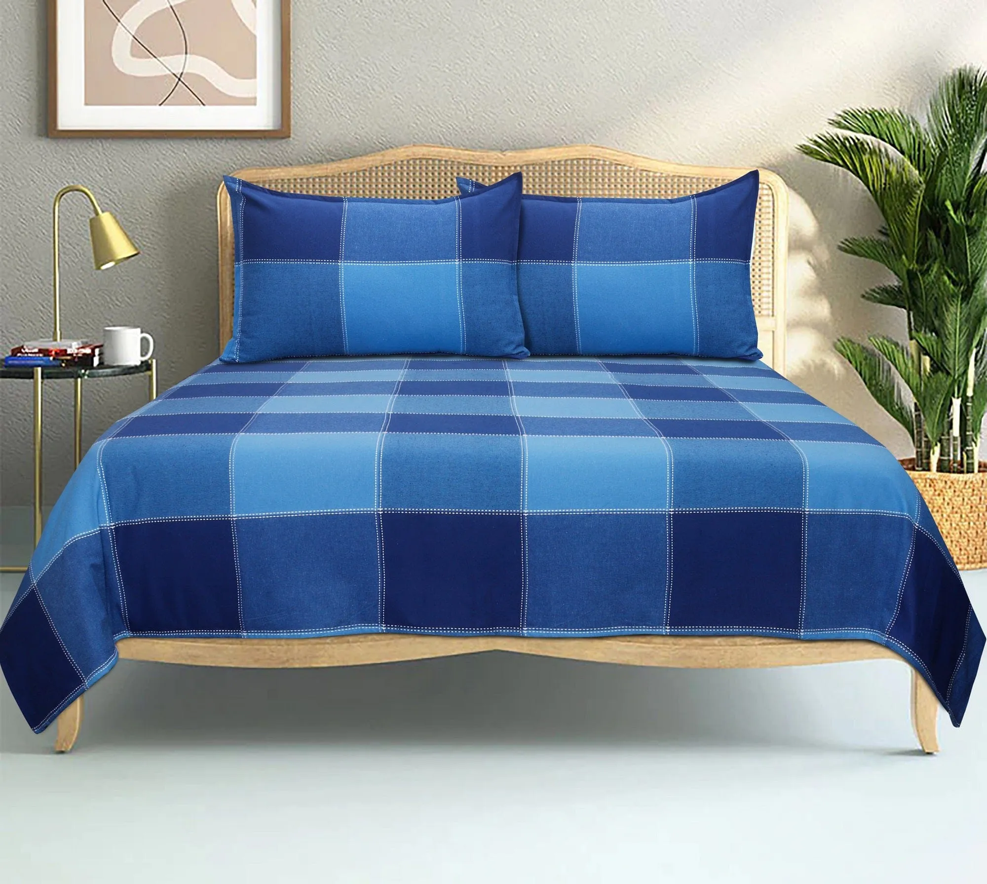 Cotton Double Checkered Bedsheet with 2 Pillow Covers (Pack of 3)