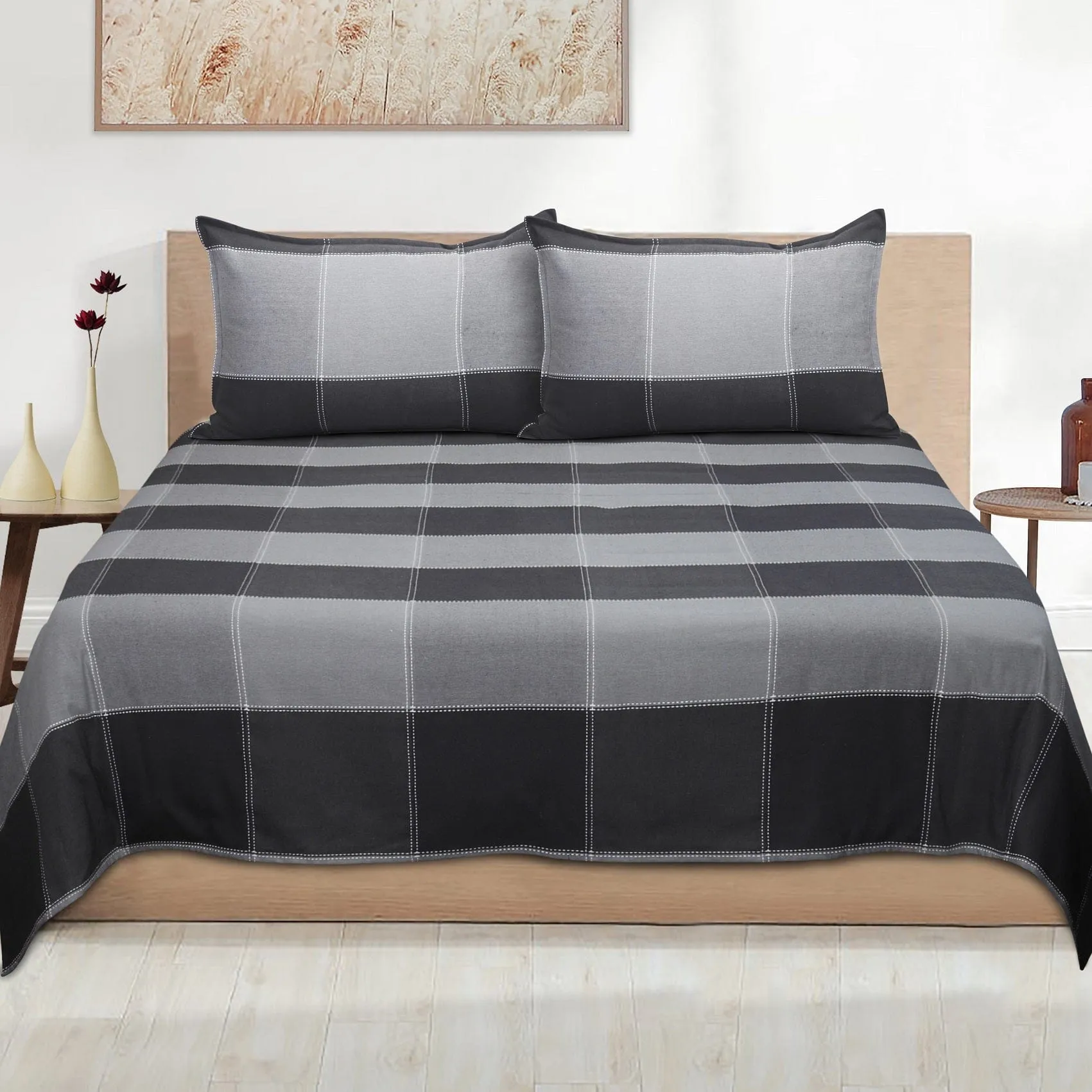 Cotton Double Checkered Bedsheet with 2 Pillow Covers (Pack of 3)