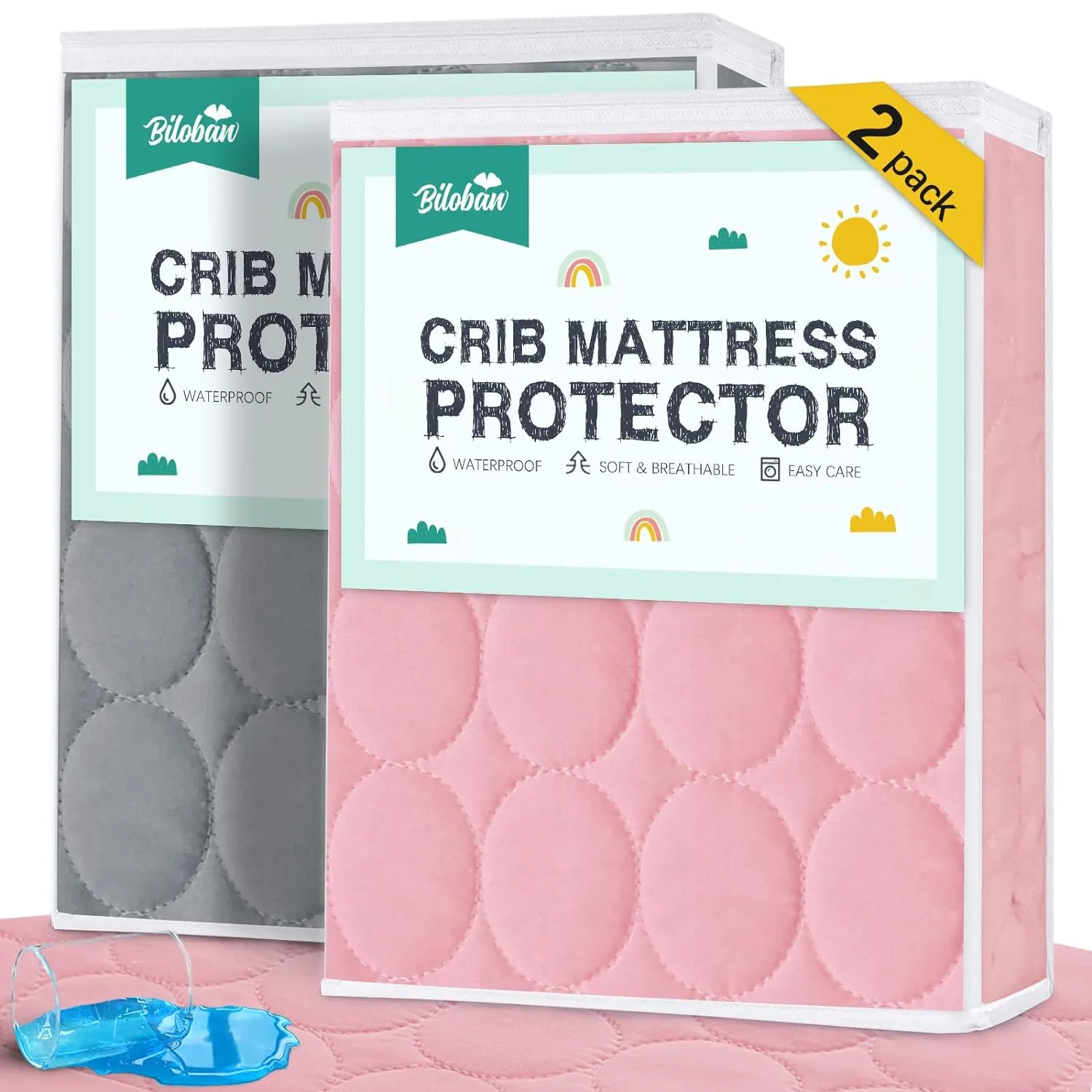 Crib Mattress Protector/ Pad Cover - 2 Pack, Quilted Microfiber, Waterproof, Grey & Pink (for Standard Crib/ Toddler Bed)