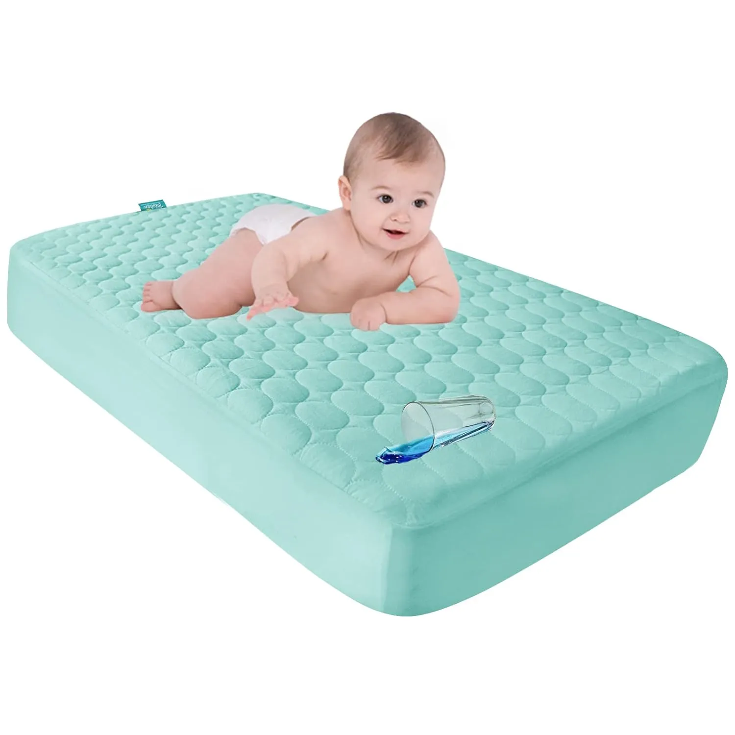 Crib Mattress Protector/ Pad Cover - Quilted Microfiber, Waterproof, Aqua (for Standard Crib/ Toddler Bed)