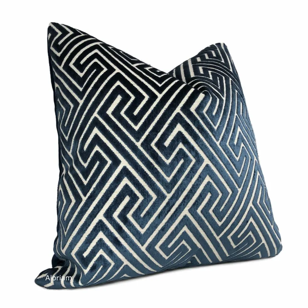 Delphi Navy Blue Greek Key Cut Velvet Pillow Cover