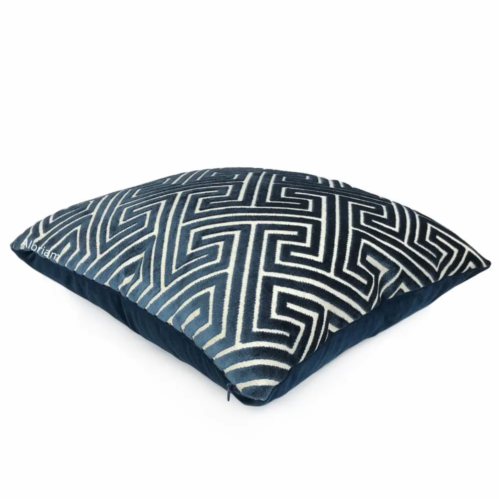 Delphi Navy Blue Greek Key Cut Velvet Pillow Cover