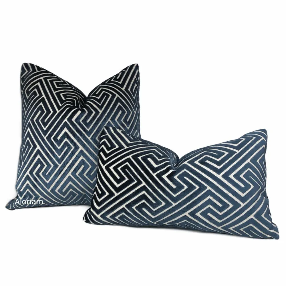 Delphi Navy Blue Greek Key Cut Velvet Pillow Cover