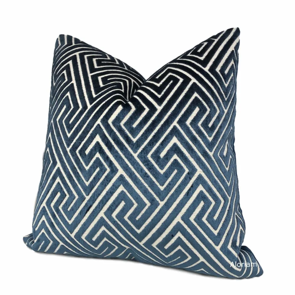 Delphi Navy Blue Greek Key Cut Velvet Pillow Cover