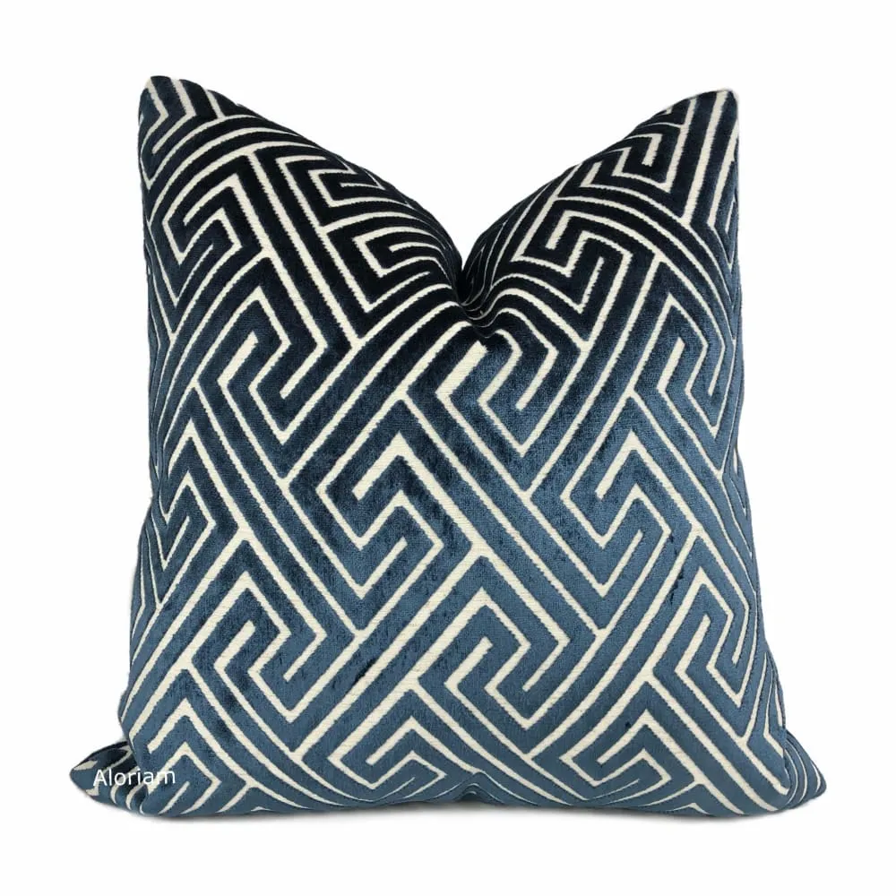 Delphi Navy Blue Greek Key Cut Velvet Pillow Cover