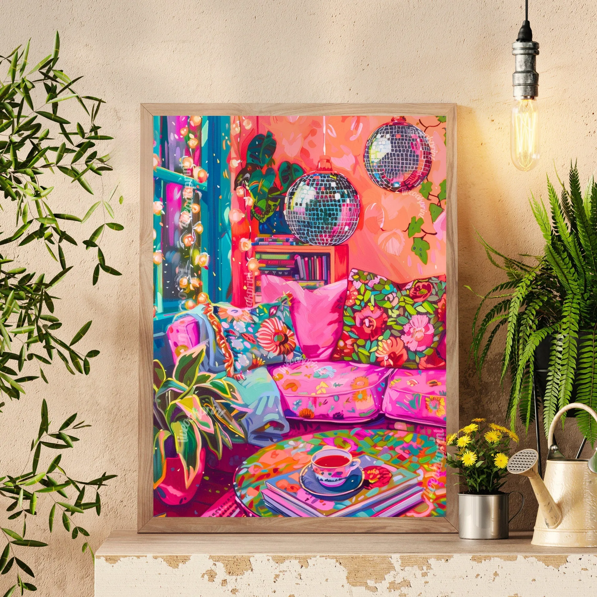 Disco Living Room Print - Disco Living Room Poster - Maximalist Wall Art - Maximalist Living Room - Pink and Orange Living Room