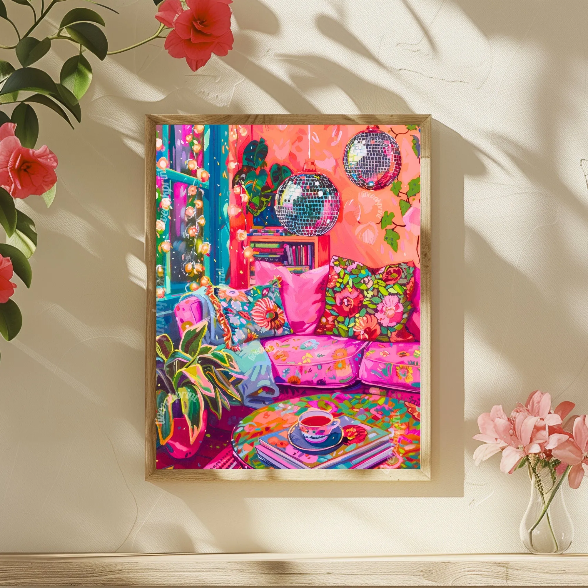 Disco Living Room Print - Disco Living Room Poster - Maximalist Wall Art - Maximalist Living Room - Pink and Orange Living Room