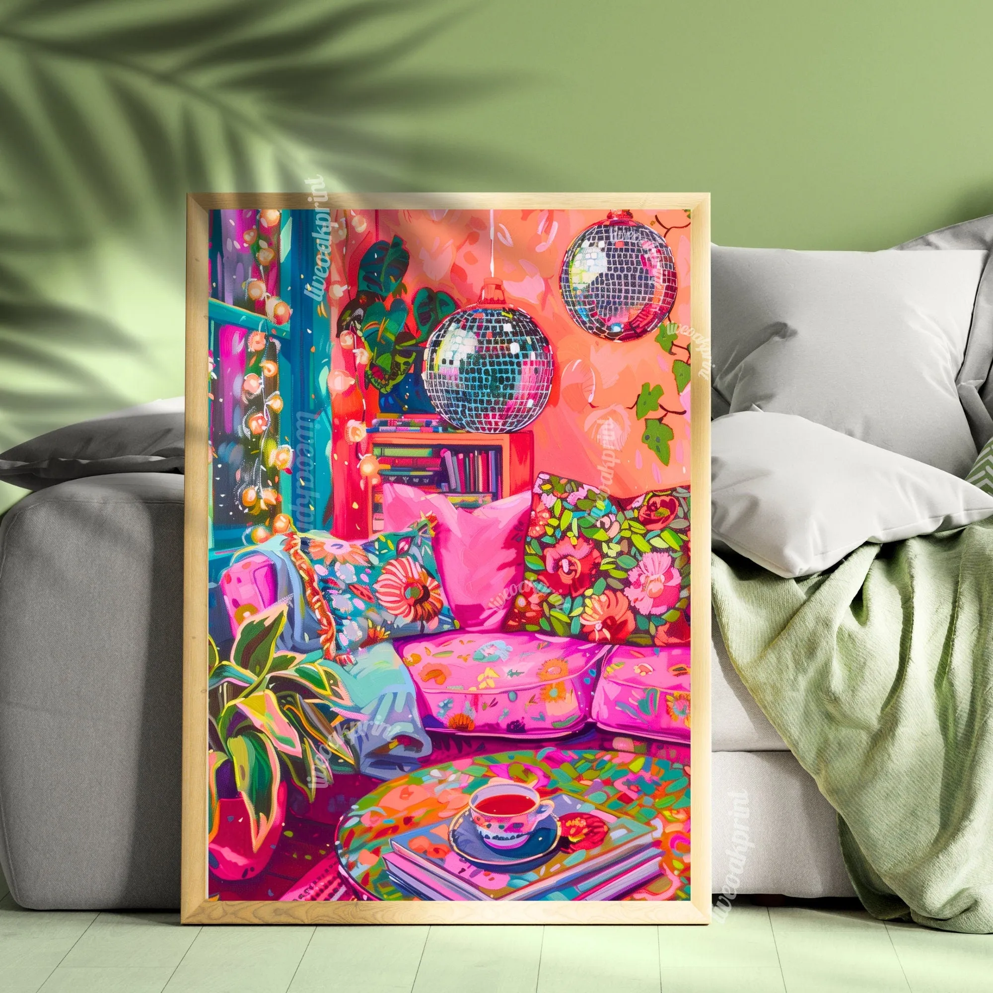 Disco Living Room Print - Disco Living Room Poster - Maximalist Wall Art - Maximalist Living Room - Pink and Orange Living Room