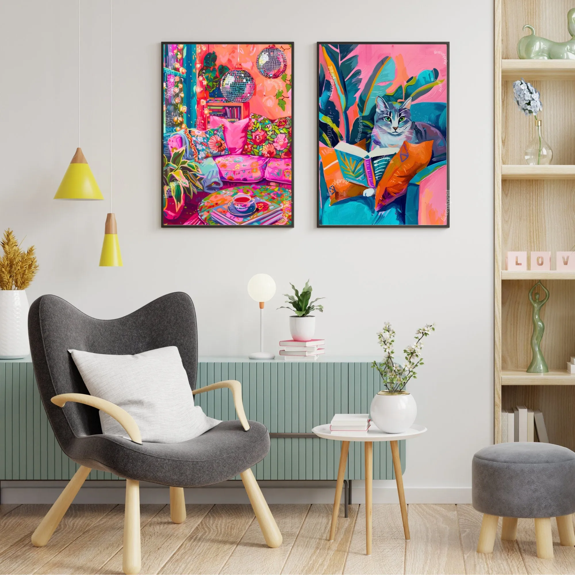 Disco Living Room Print - Disco Living Room Poster - Maximalist Wall Art - Maximalist Living Room - Pink and Orange Living Room