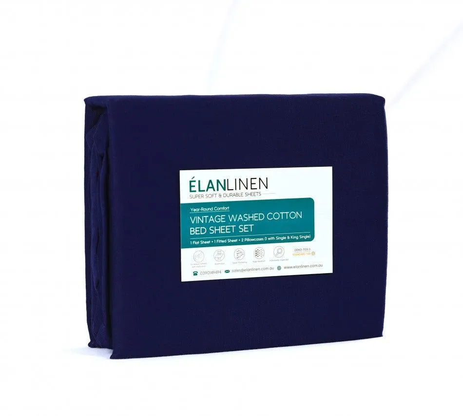 Elan Linen 100% Egyptian Cotton Vintage Washed 500TC Navy Blue King Single Bed Sheets Set