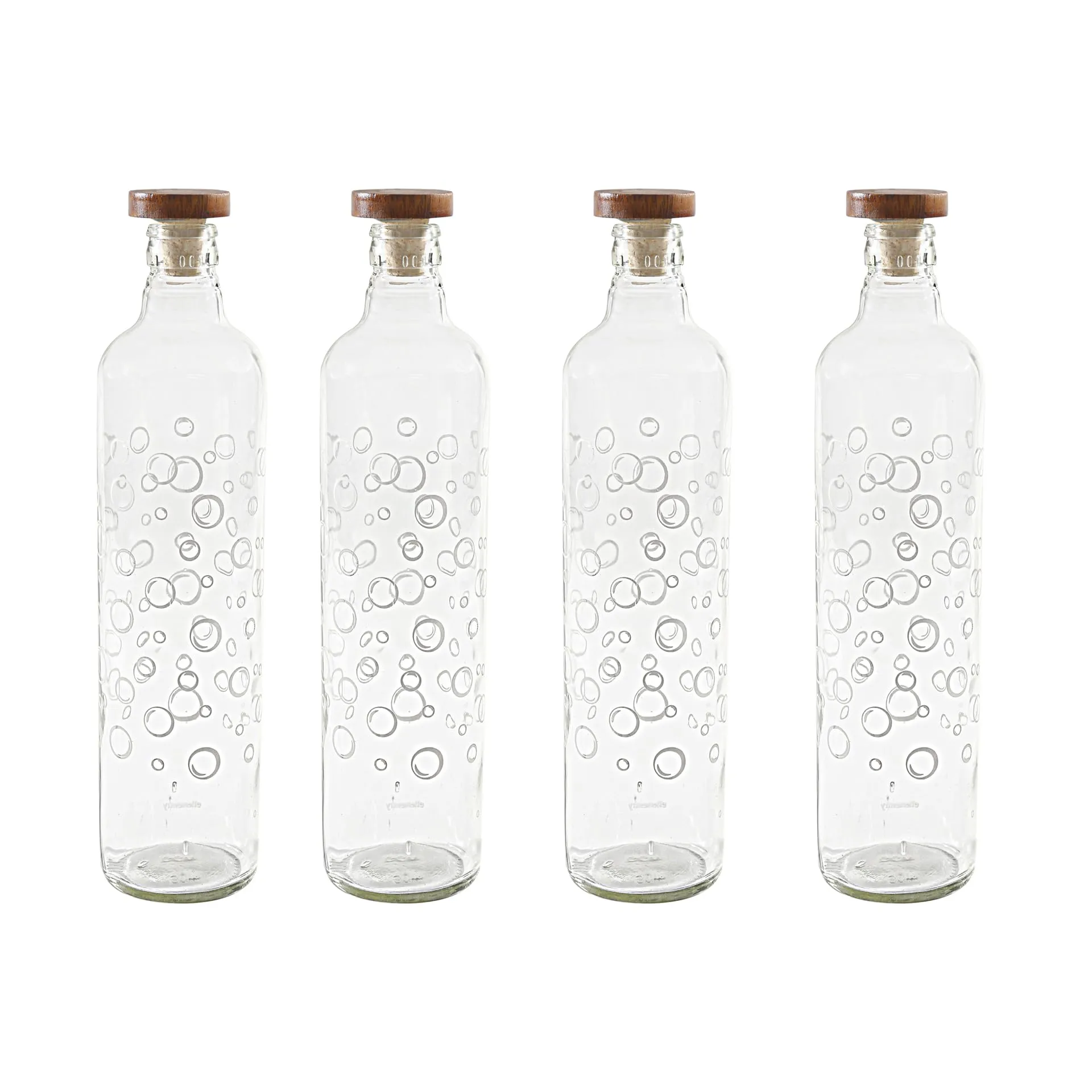 Ellementry bubbles glass water bottle with wooden stopper| 750 ml | Clear | Water Bottle | Milk Bottle | Juice Bottle | Cocktail Bottle | Handcrafted | Sustainable | Food Safe | Cultural Revival | Set of 4