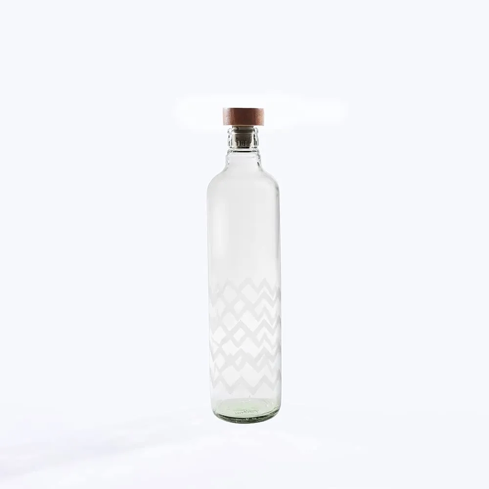 Ellementry Frosted Chevron Handcrafted Glass Water Bottle with Cork (750 ML)| Eco- Friendly Glass Water Bottle for Fridge, Home, Office | BPA Free | Sustainable Glass Bottle for Decor and Gifting