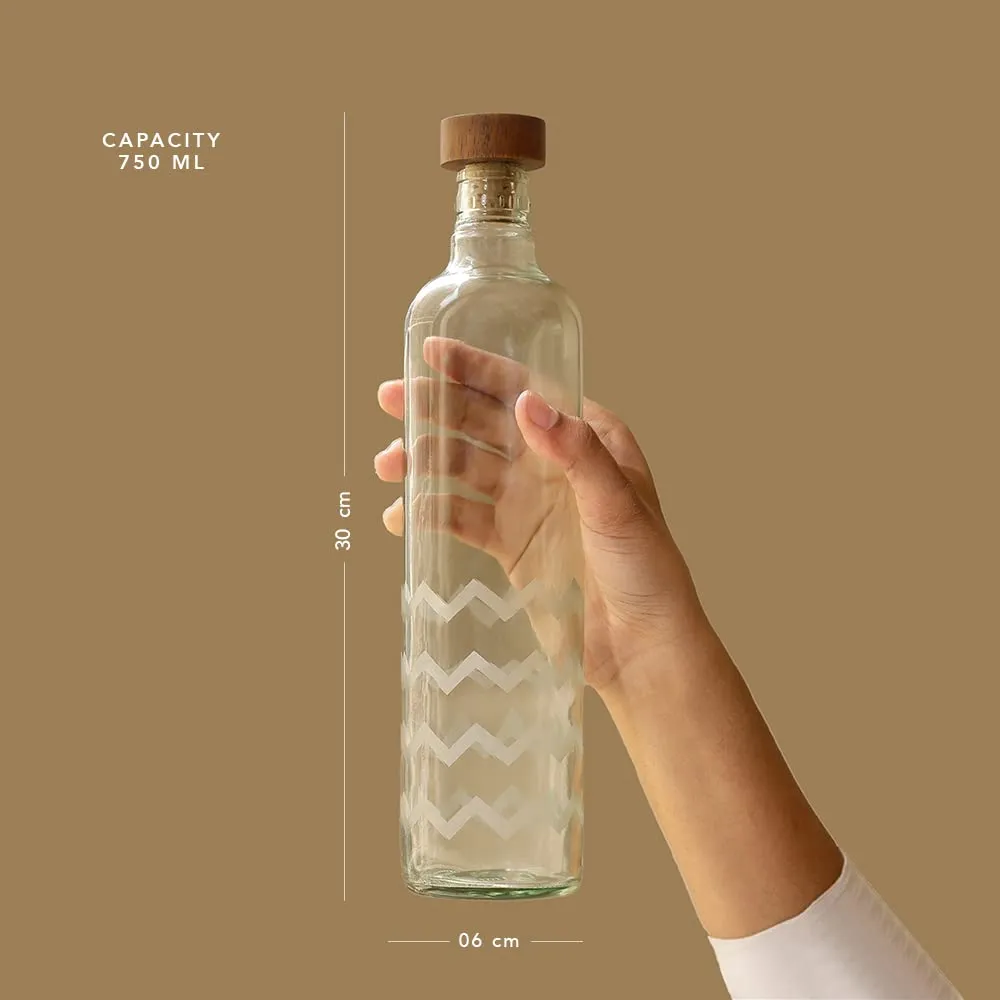 Ellementry Frosted Chevron Handcrafted Glass Water Bottle with Cork (750 ML)| Eco- Friendly Glass Water Bottle for Fridge, Home, Office | BPA Free | Sustainable Glass Bottle for Decor and Gifting