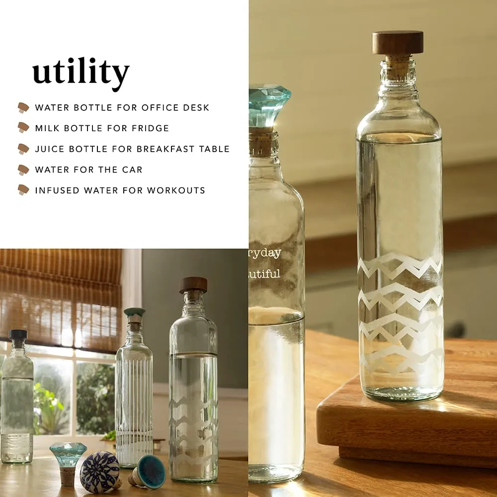 Ellementry Frosted Chevron Handcrafted Glass Water Bottle with Cork (750 ML)| Eco- Friendly Glass Water Bottle for Fridge, Home, Office | BPA Free | Sustainable Glass Bottle for Decor and Gifting