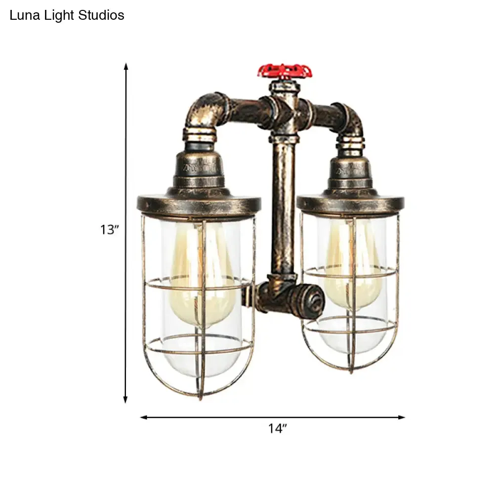 Farmhouse Wire Guard Wall Lamp - Vintage Brass Wrought Iron Sconce with Valve Wheel Design, 2 Bulbs Included