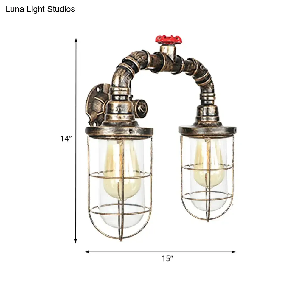 Farmhouse Wire Guard Wall Lamp - Vintage Brass Wrought Iron Sconce with Valve Wheel Design, 2 Bulbs Included