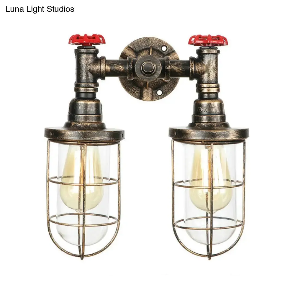 Farmhouse Wire Guard Wall Lamp - Vintage Brass Wrought Iron Sconce with Valve Wheel Design, 2 Bulbs Included