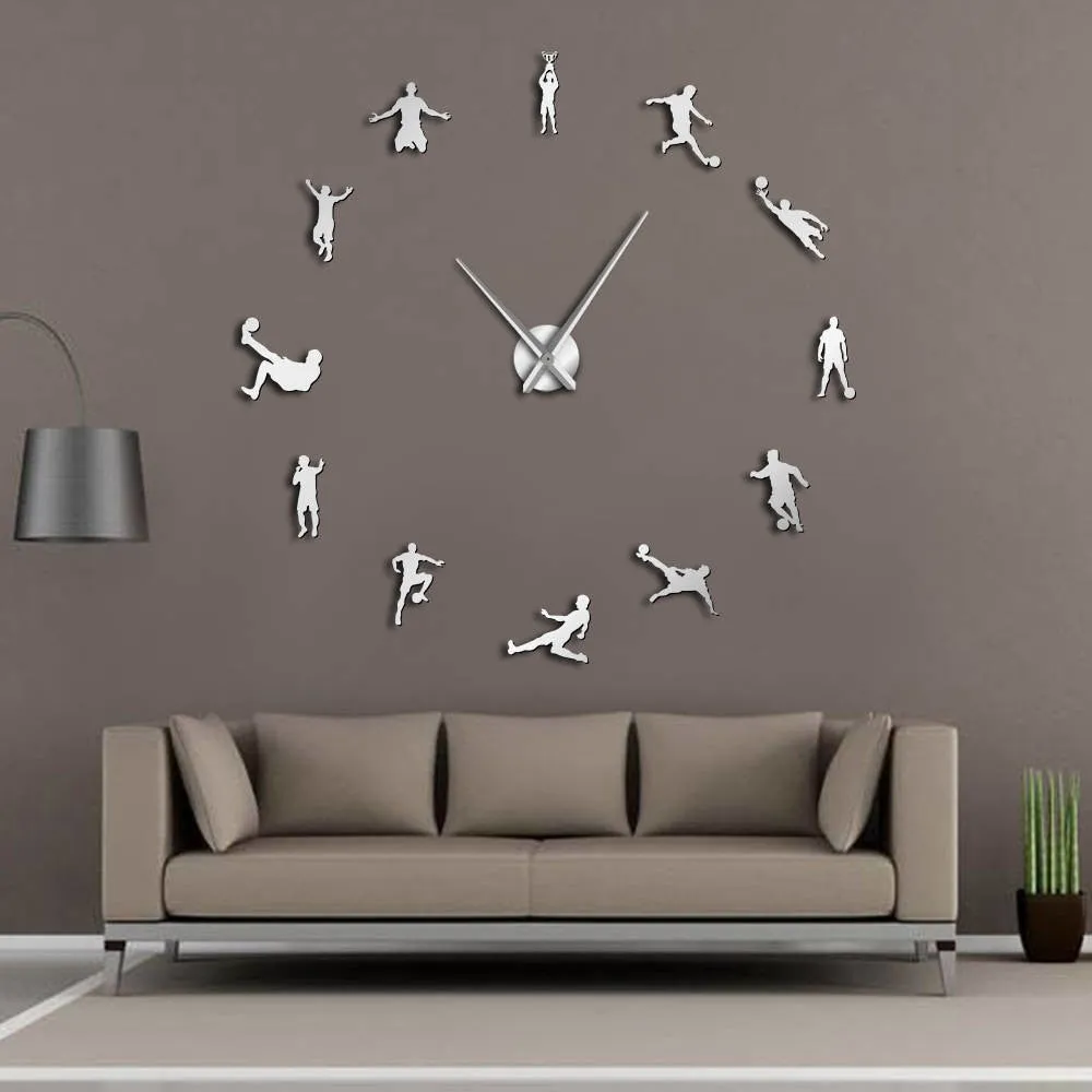 Football Players Contemporary DIY Oversized Wall Clock Soccer Game Large Clock Watch Kids Football Fans Living Room Wall Decor