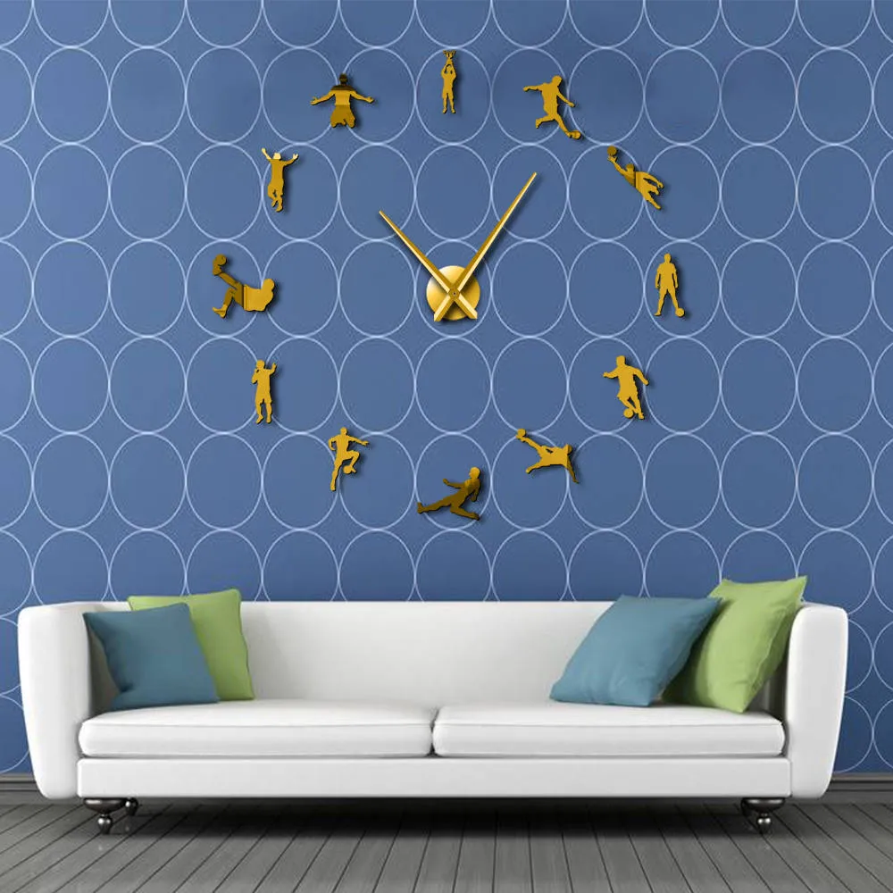 Football Players Contemporary DIY Oversized Wall Clock Soccer Game Large Clock Watch Kids Football Fans Living Room Wall Decor