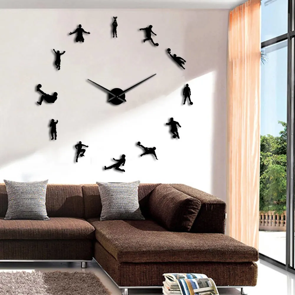 Football Players Contemporary DIY Oversized Wall Clock Soccer Game Large Clock Watch Kids Football Fans Living Room Wall Decor