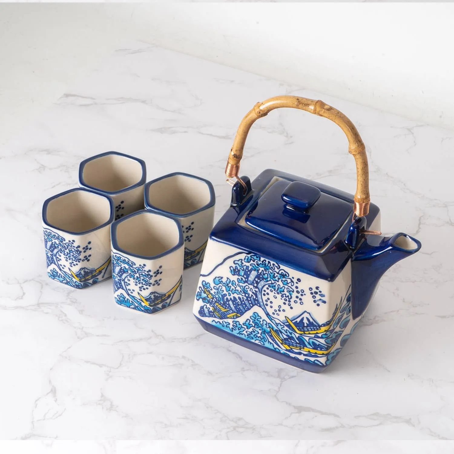 Great Wave Japanese Tea Set 20oz Tea Pot with 4 Hexagon Cups | Gift Box