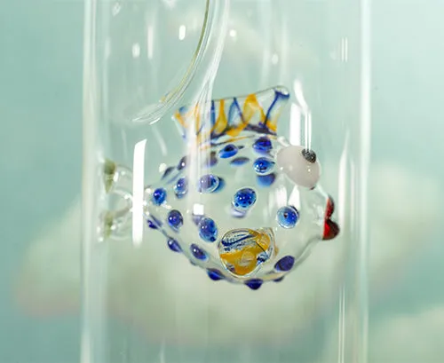 Handblown Glass Blue and Yellow Fish Carafe, 24.5cm