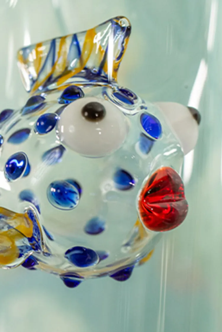 Handblown Glass Blue and Yellow Fish Carafe, 24.5cm