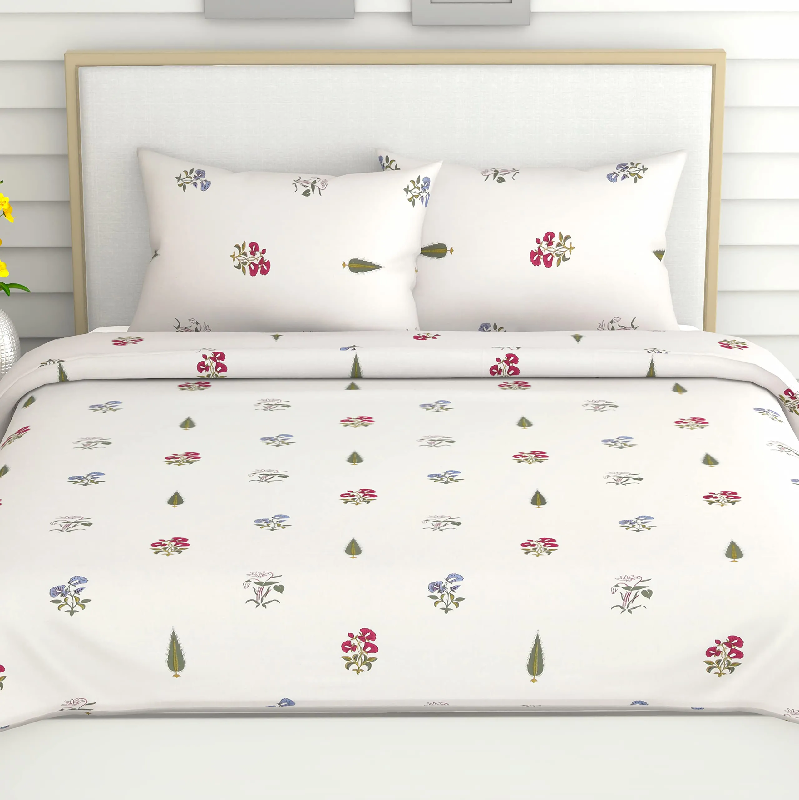 Haus & Kinder 100% Cotton Queen Size Bedsheet For Double Bed, 1 Cotton Bed Sheet Double Bed (90 X 100 Inches) With 2 Pillow Covers | 186 Tc Bed Sheet Double Bed (The Garden Of Joy) - Multicolor