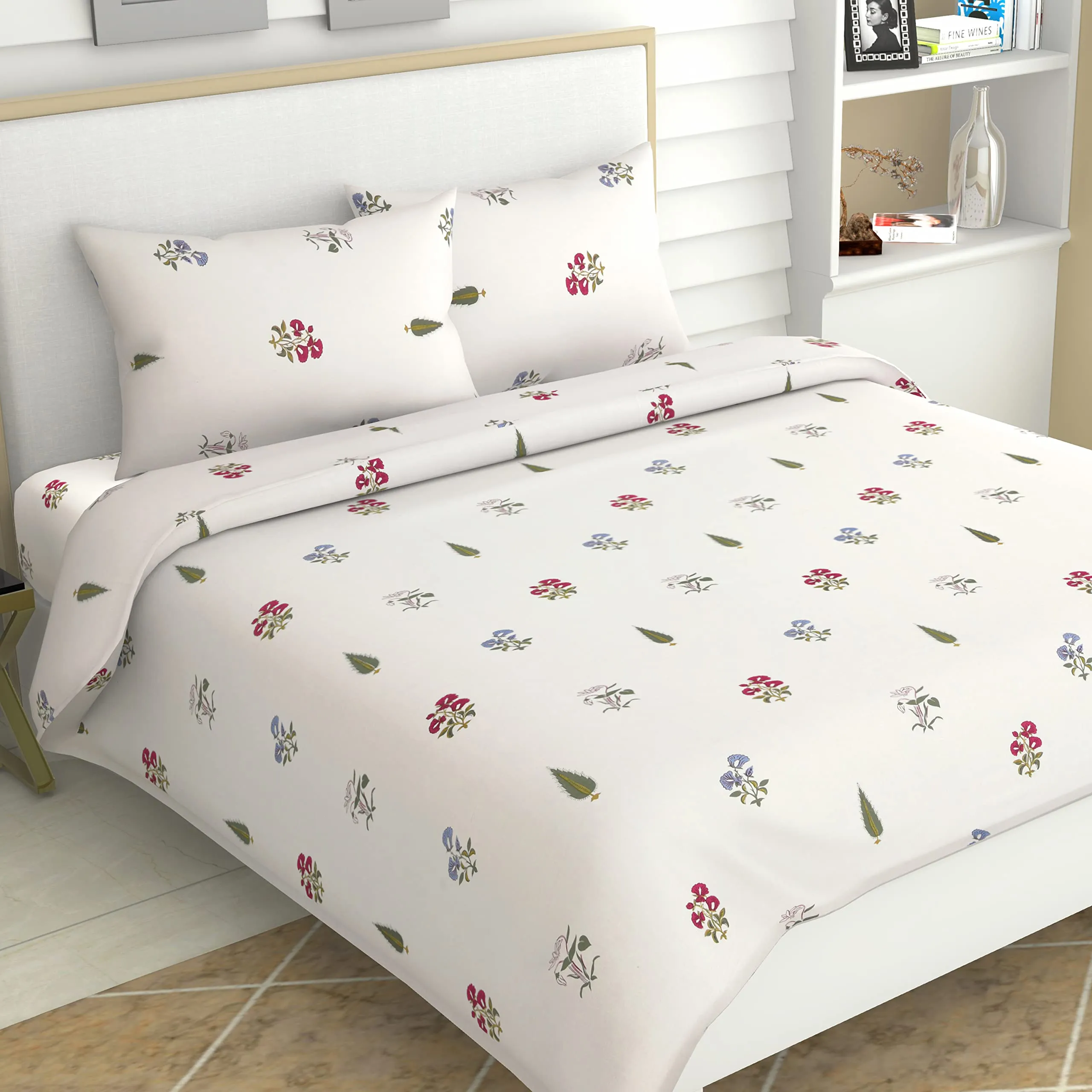 Haus & Kinder 100% Cotton Queen Size Bedsheet For Double Bed, 1 Cotton Bed Sheet Double Bed (90 X 100 Inches) With 2 Pillow Covers | 186 Tc Bed Sheet Double Bed (The Garden Of Joy) - Multicolor