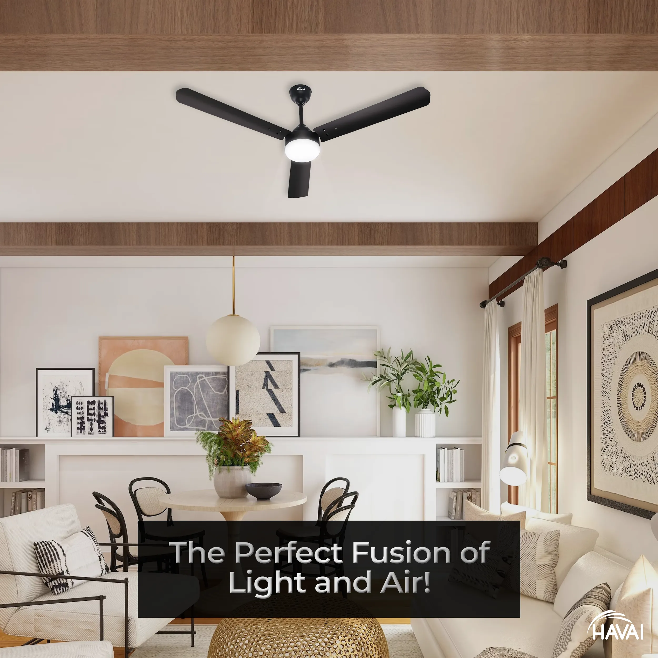 HAVAI Spinel BLDC Ceiling Fan 28W, 1200mm Blade with Remote - Smoky Brown, 0.5W LED