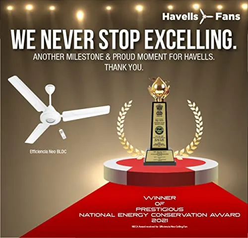 Havells Efficiencia Neo 1200Mm Bldc Motor With Remote Ceiling Fan (Elegant White), 26 Watt, Winner Of National Energy Conservation Award 2021