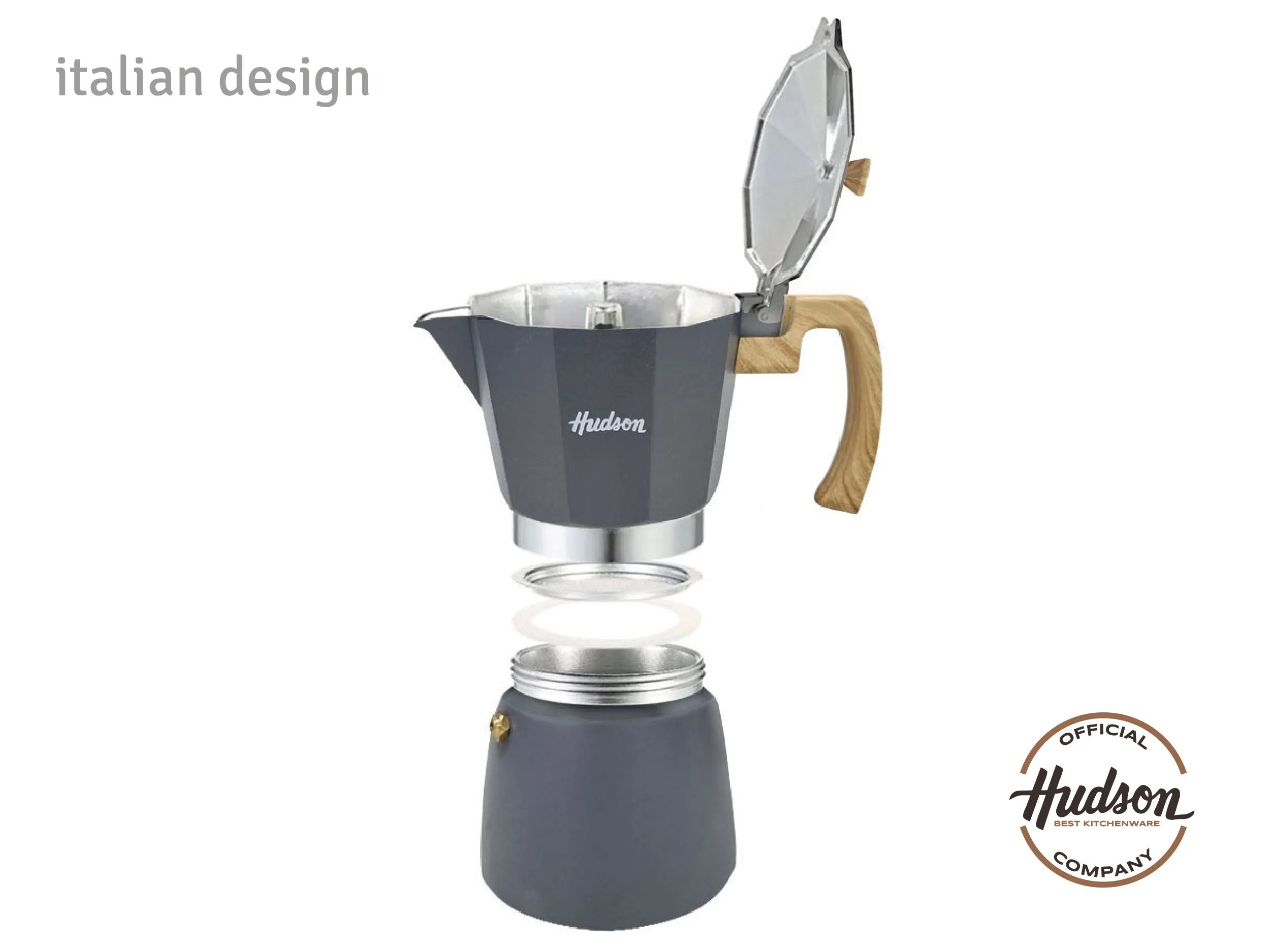 HUDSON Classic Stovetop Espresso Maker, Italian Style, 6 cups, Grey