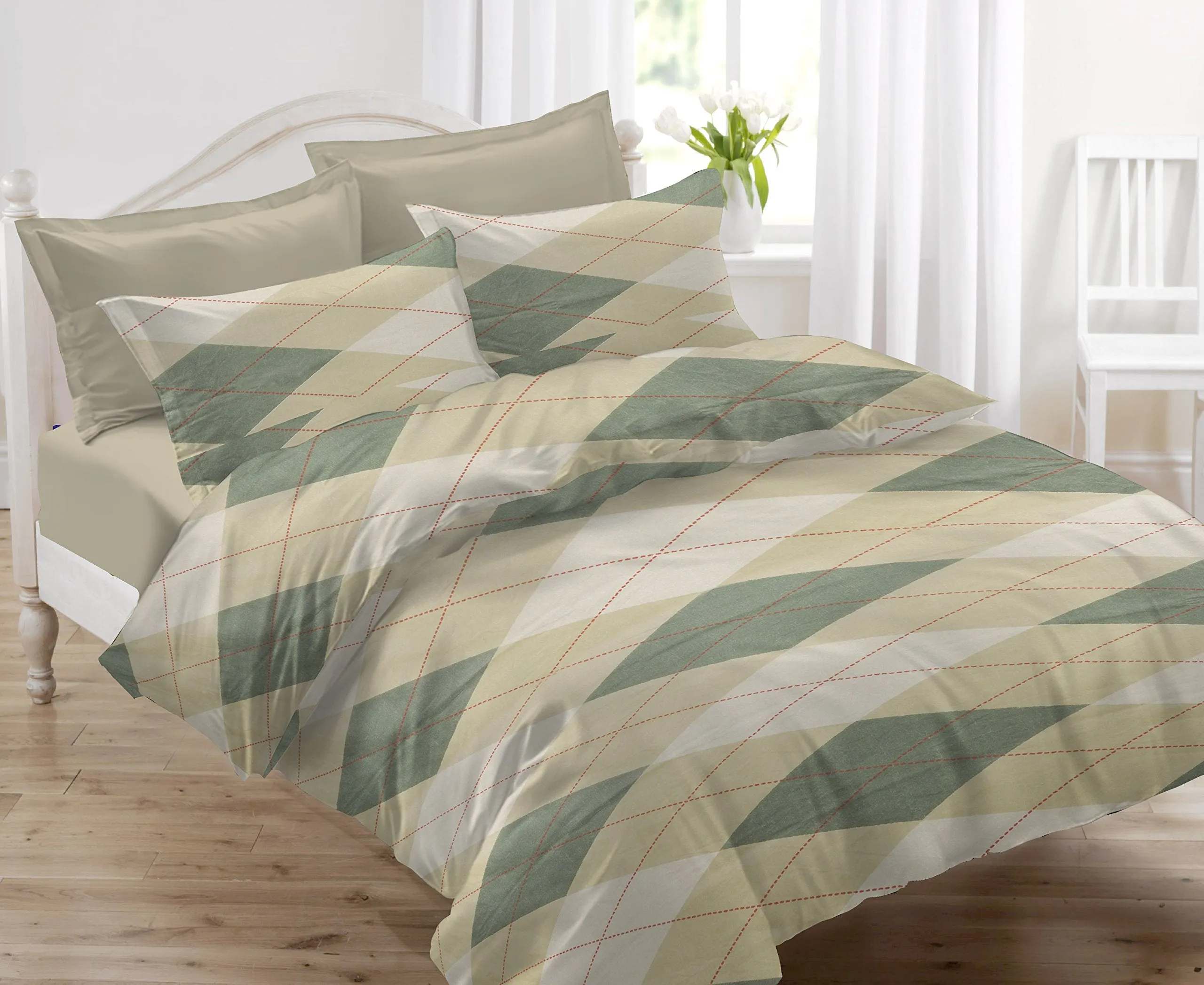 HUESLAND by Ahmedabad Cotton 144 TC Cotton Bedsheet for Double Bed with 2 Pillow Covers - Beige & Green