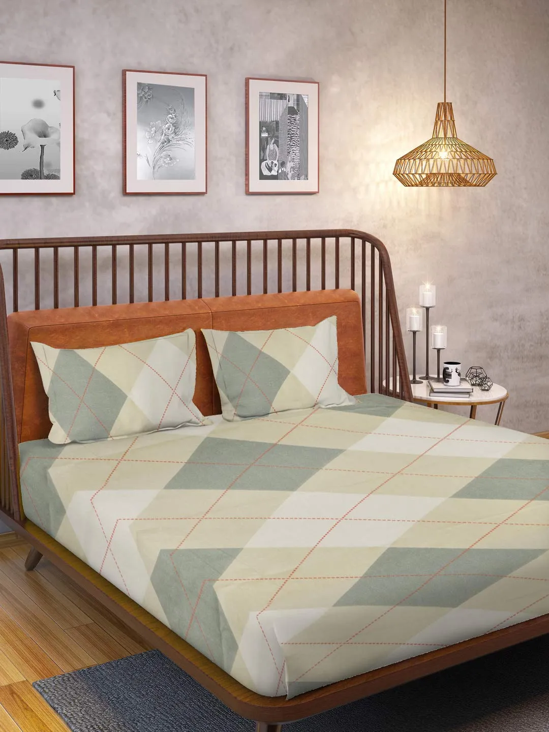 HUESLAND by Ahmedabad Cotton 144 TC Cotton Bedsheet for Double Bed with 2 Pillow Covers - Beige & Green