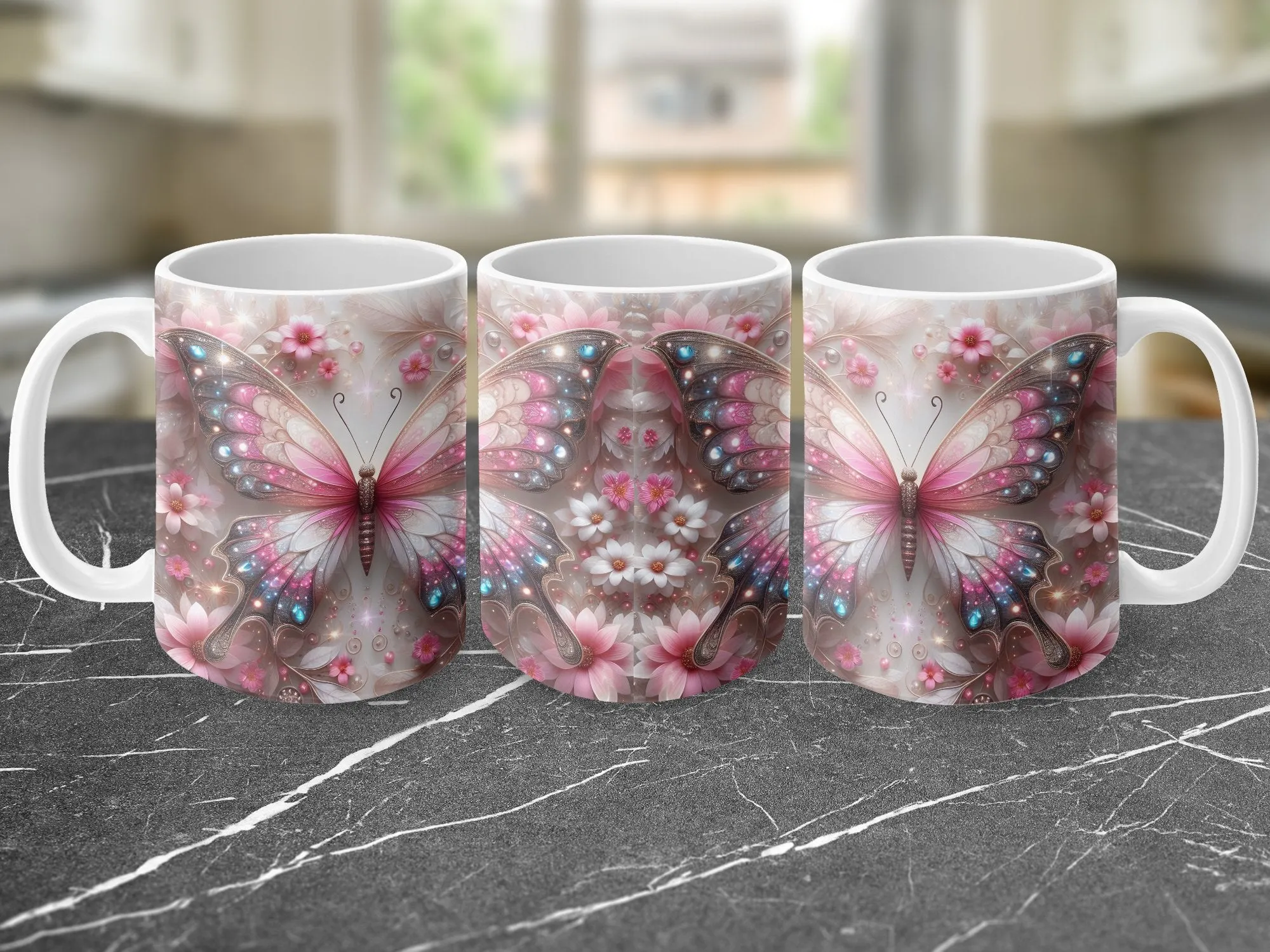 Illuminated Butterfly and Flowers Coffee Mug, Butterfly Mug, Butterflies Coffee Cup, Butterfly Gifts for Women