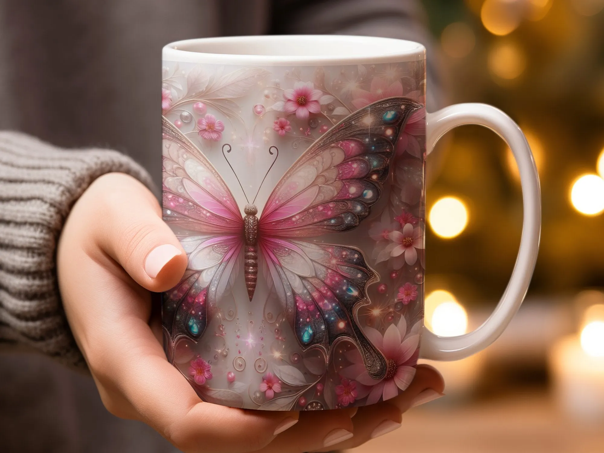 Illuminated Butterfly and Flowers Coffee Mug, Butterfly Mug, Butterflies Coffee Cup, Butterfly Gifts for Women