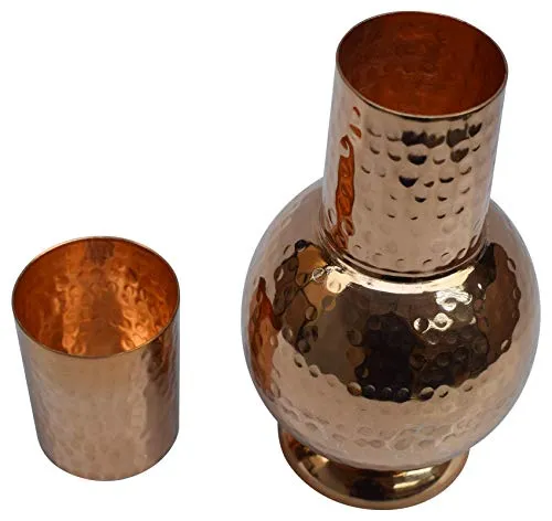 Indian Pure Copper Bedroom Bottle Drinkware with Inbuilt Glass Cup Hammered Finish