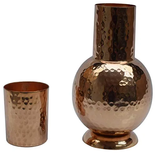 Indian Pure Copper Bedroom Bottle Drinkware with Inbuilt Glass Cup Hammered Finish