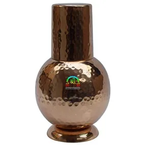 Indian Pure Copper Bedroom Bottle Drinkware with Inbuilt Glass Cup Hammered Finish