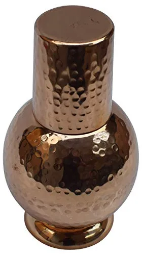 Indian Pure Copper Bedroom Bottle Drinkware with Inbuilt Glass Cup Hammered Finish