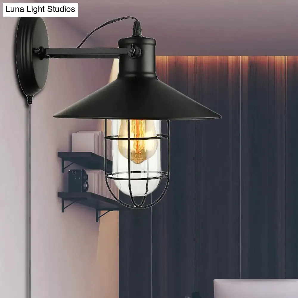 Industrial Black Cone Sconce with Clear Glass - Kitchen Wall Lamp with Cage and Plug-In Cord