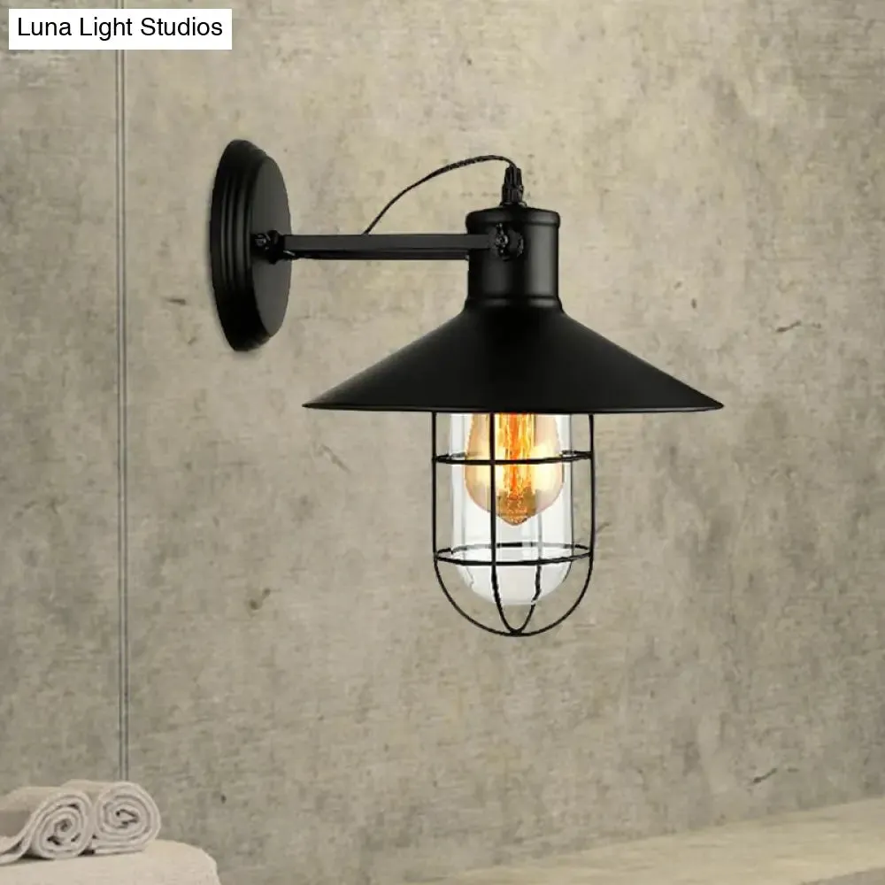 Industrial Black Cone Sconce with Clear Glass - Kitchen Wall Lamp with Cage and Plug-In Cord