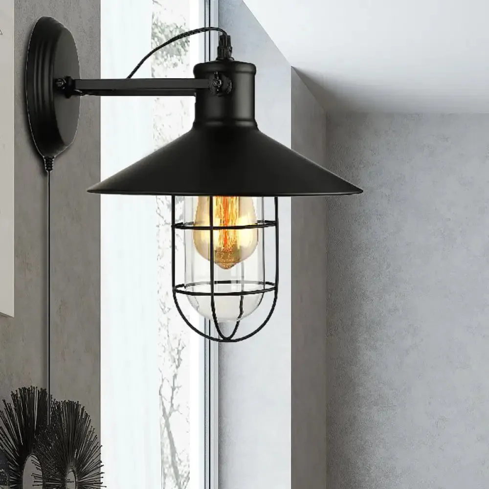 Industrial Black Cone Sconce with Clear Glass - Kitchen Wall Lamp with Cage and Plug-In Cord