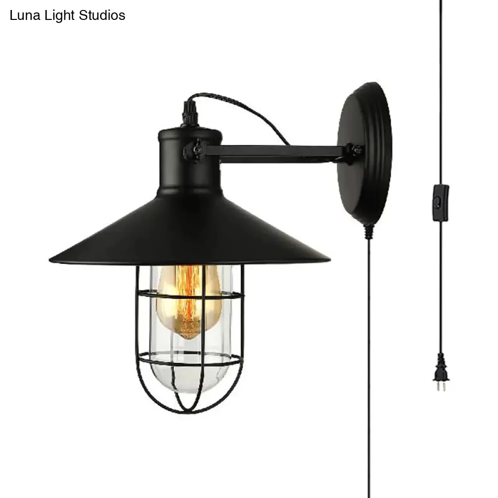 Industrial Black Cone Sconce with Clear Glass - Kitchen Wall Lamp with Cage and Plug-In Cord